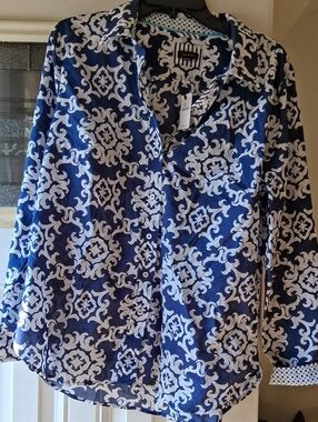 Talbots Navy and White Printed Button-Up Shirt